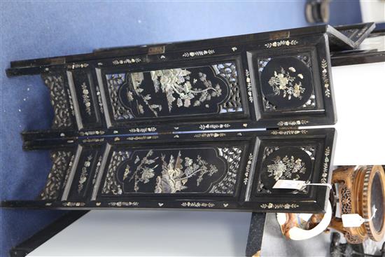 A Chinese mother of pearl inlaid ebonised wood four fold screen, late 19th / early 20th century, 100.5cm.